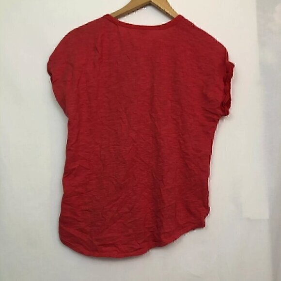 LUCKY BRAND Mixed Media Henley Coral Red Short Sleeve Cuffed Popover Blouse Top - Picture 6 of 6